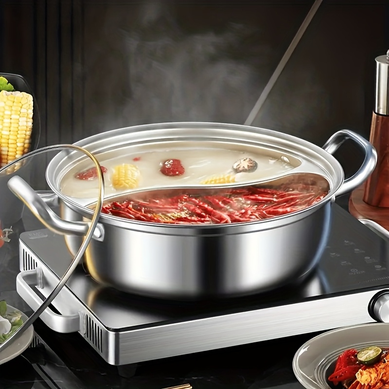 1pc 32cm Stainless Steel Double Compartment Hot Pot, Thickened Double Ear Soup Pot, Yin And Yang Design, Split With Divider, With Thickened Glass Lid, Suitable For Home Kitchen, Cooking