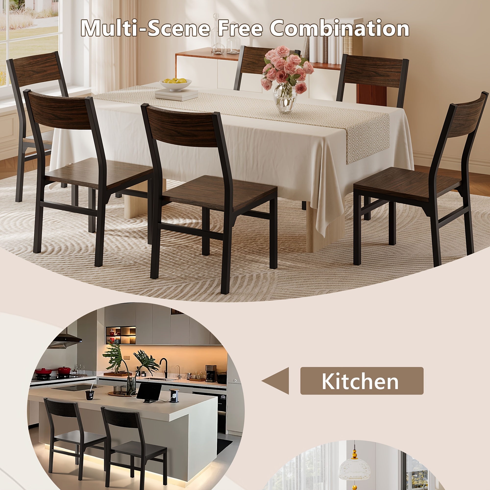 Dining Chairs Set Of 6, Modern Kitchen Chairs With Backrest, MDF Board And Metal Legs, Dinner Chairs For Dining Room, Kitchen And Living Room, Espresso/Black/Rustic Brown/Walnut Optional.