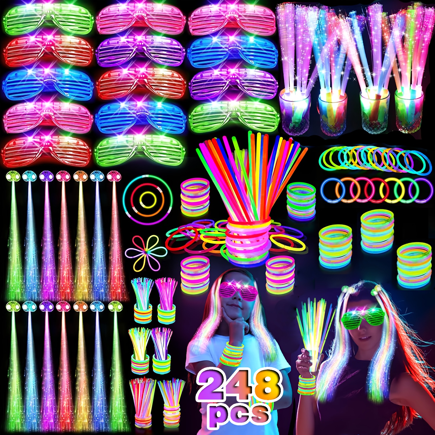   party supplies 248pcs of luminous party souvenirs including led glasses glowing sticks led hair clips fiber optic sticks suitable for birthdays parties new years celebrations etc