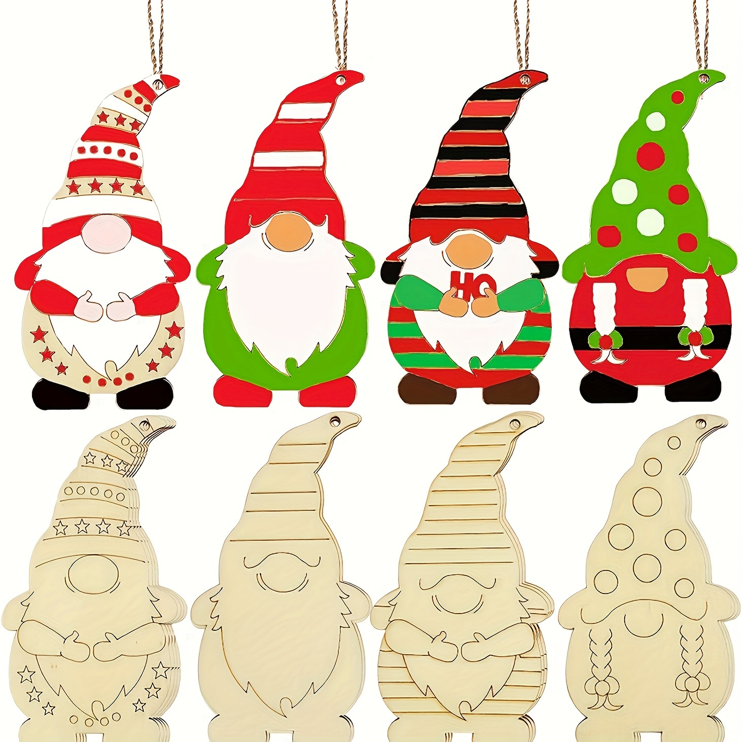 

12pcs Vintage Christmas Gnome Wooden Ornaments With Rope - Diy Craft & Painting Kit, Holiday Decor