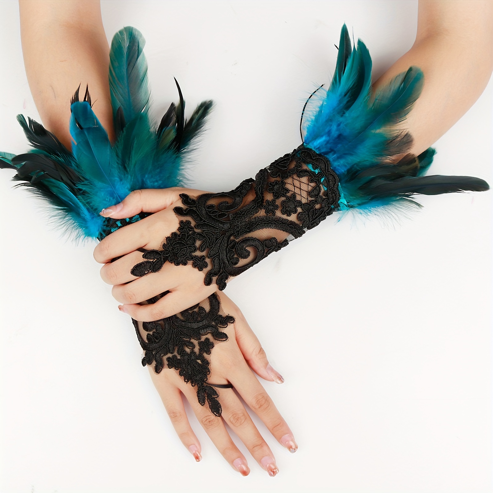 Gothic Rhinestone Feather Gloves Lace Cuff Wristband Cosplay Wedding Halloween