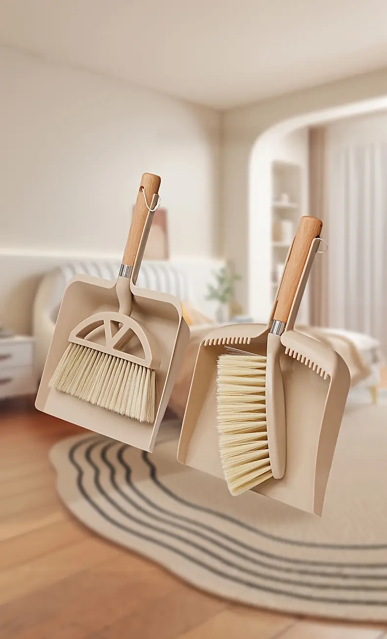 a set of small dustpan and wooden handle broom combination suitable for cleaning sofas tables and small spaces Product details 1