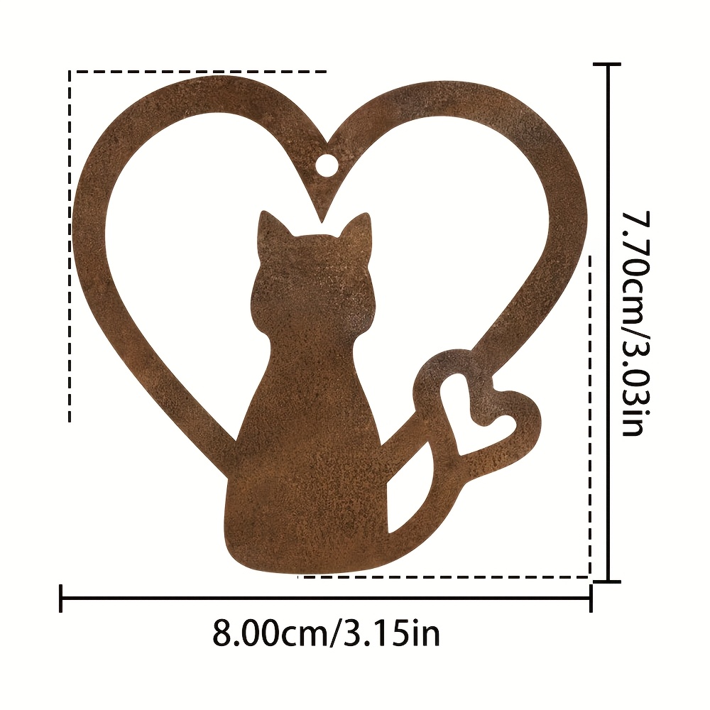 E-shop Rostiges Metall-Katzenherz-Ornament – Verrostete Eisen-Außenskulptur/Hängedekoration mit sitzenden springenden Katzensilhouetten, herzförmiger