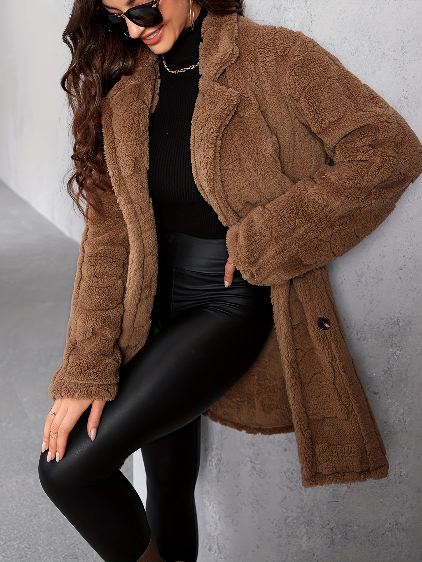 double   fuzzy lapel coat elegant thermal solid long sleeve coat for   womens clothing coffee 3