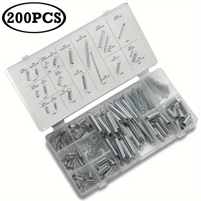 

200pcs Metal Steel Spring Set Compression And Extension Springs Kit Portable Hardware Tools Plastic Storage Box Tool Accessories