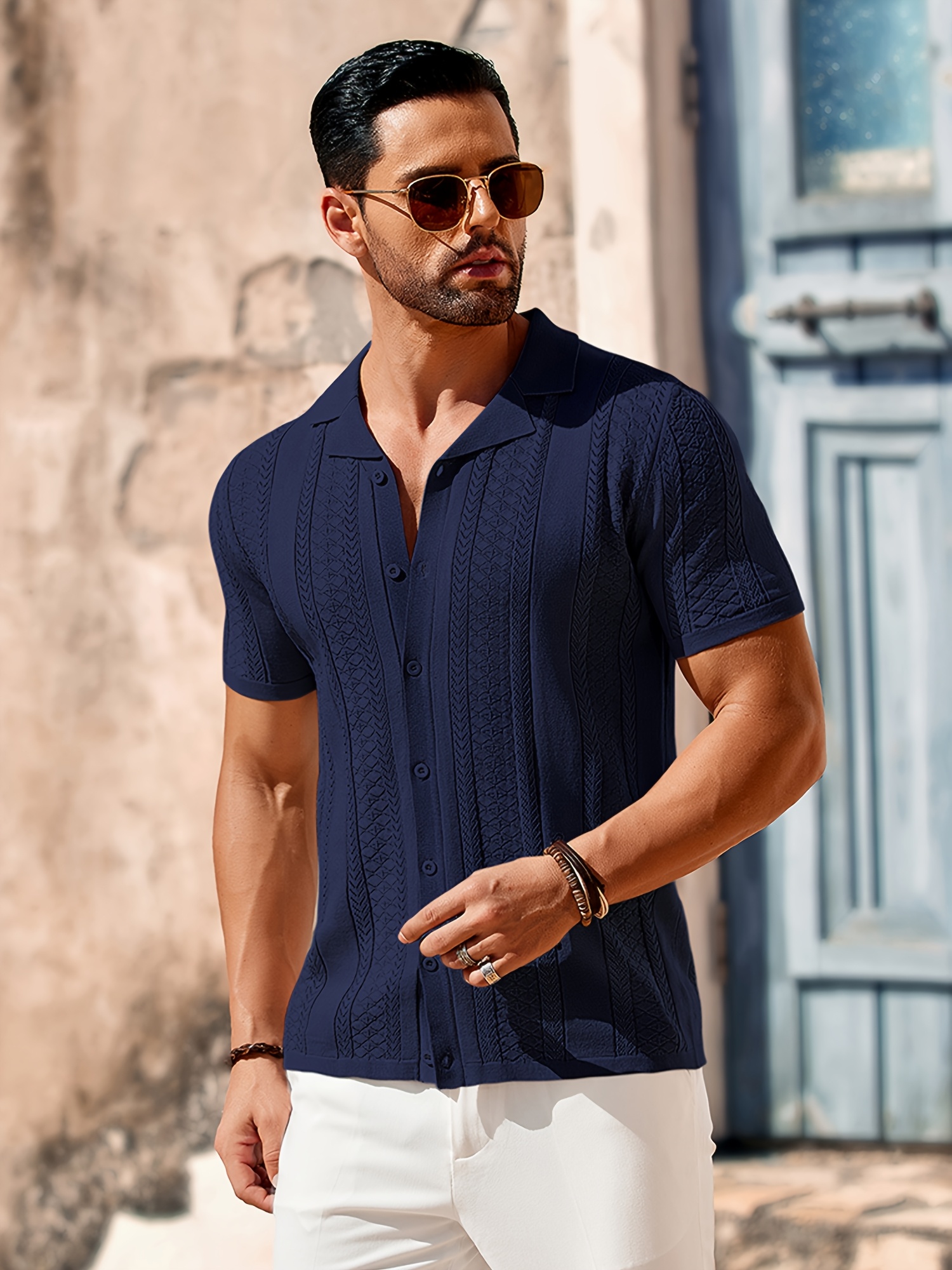 Camisa de Punto Vintage para Hombre Manga Corta con Cuello, Color Ideal  para Playa y Casual Cierre con