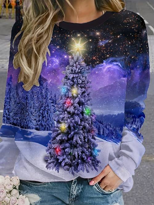 weihnachtsdruck-pullover-sweatshirt, lässiges langarm-crewneck-sweatshirt für herbst & winter, damenbekleidung