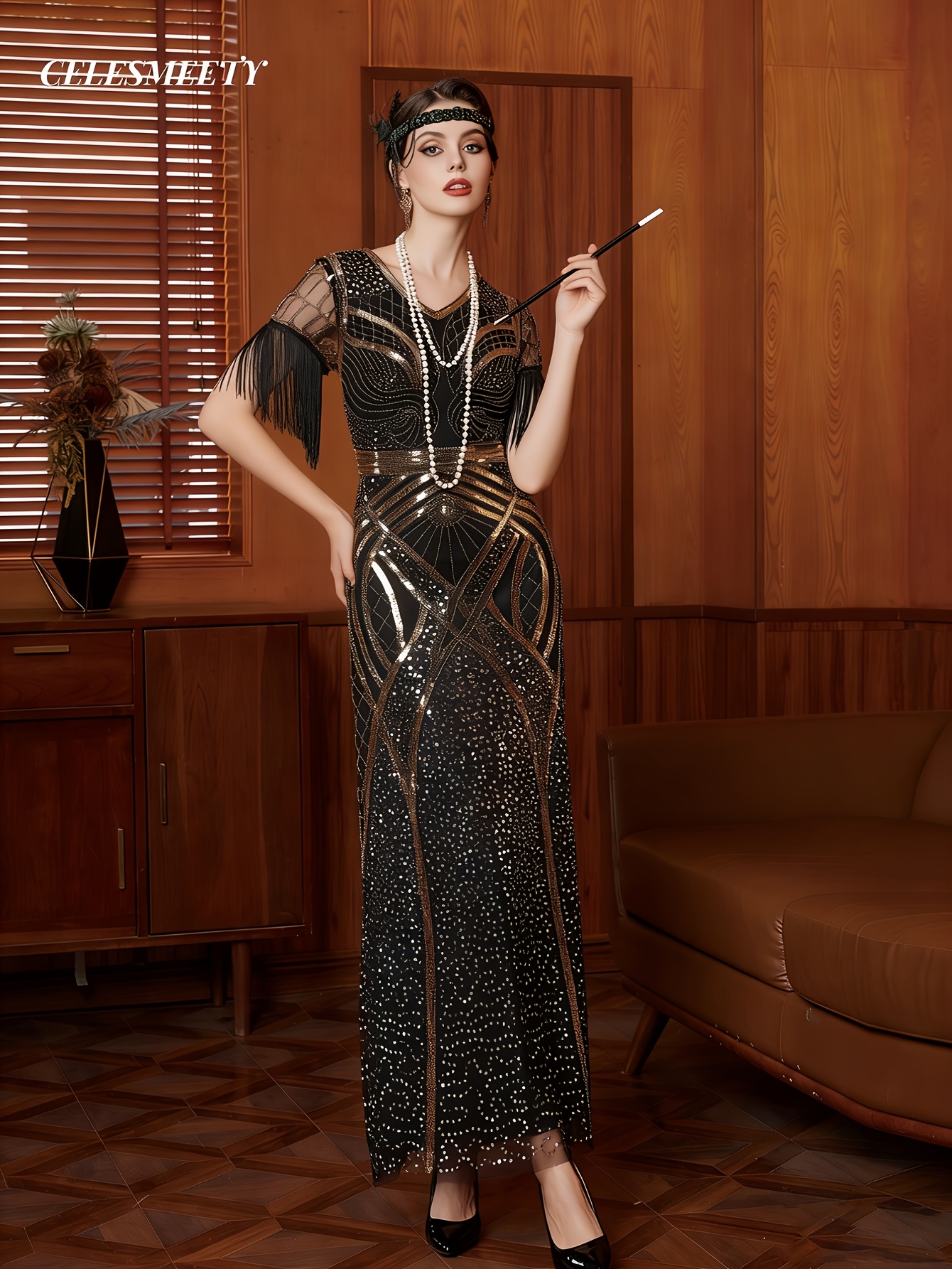 1920s Vintage Sequin * Ball Party Dress with Beaded Toast Gown, Elegant  Vintage Fringe Sequin V-Neck Women's Dress for Parties and Evening Events,  Black and Golden Prom Gown, Short-Sleeve Evening ...