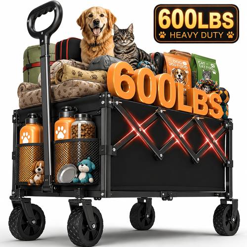 600/450/50LBS Collapsible Pet Wagon Cart for Dogs & Cats, Heavy Duty Foldable Dog Stroller for Disabled Dogs, All-Terrain Utility Wagon with Drink Holders for Beach, Camping, Sports, Grocery Shopping, Black