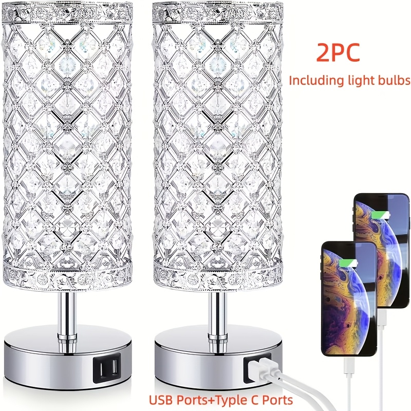 TEMU 1pc/2pcs Touch Controlled Crystal Table Lamp, Bedside Lamp With Usb+typle C Ports, 3 Dimming Modes, K9 Crystal Decorative Table Lamp, Suitable