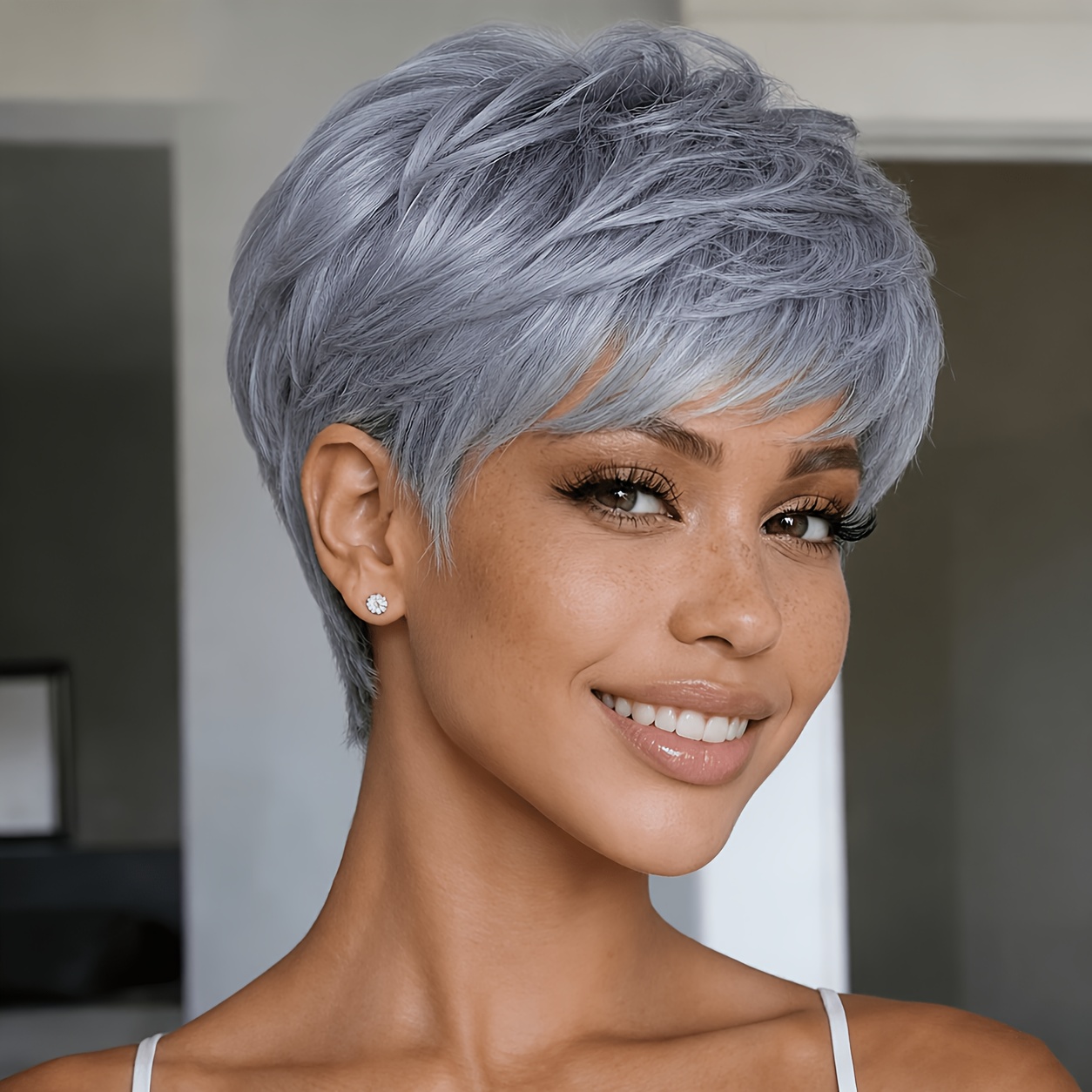 Image of Elegant Cut Straight Short Gray Human Hair Wig For Women | Real Peruvian Hair, Density, Full Machine, Fit For Everyday Parties | As Picture Daily Machine-made Friendly