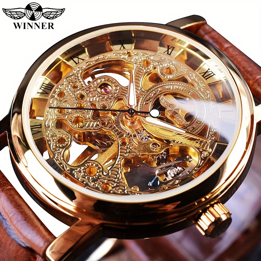 

T-winner Luxury Men's Mechanical Watch - Ultra-thin, Hollow Design With Engraved Detailing, Stainless Steel Case & Brown Leather Strap - Perfect Business Gift