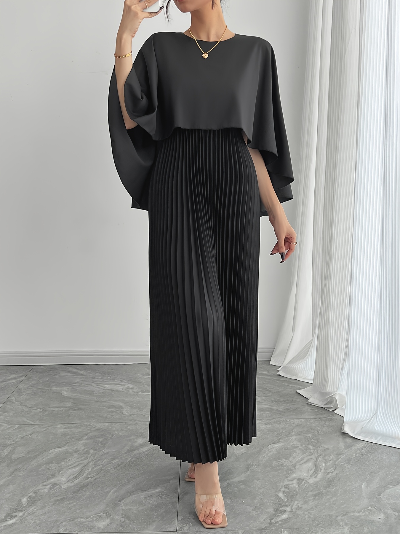 Autumn * Solid Color Casual Shawl Cape Non-Detachable Dress for Party,  Banquet, Loose Comfortable Romantic Date Women'S Dress, Batwing Sleeve,  Irregular Length Skirt, Easy Versatile, Daily *