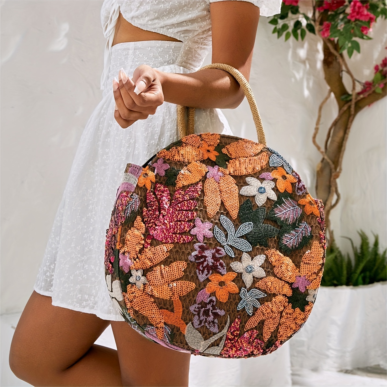 

Round Sequined Floral Satchel Bag For Women, Elegant Handbag With Beaded Sequins Detail, Large Capacity Shoulder Bag With Sturdy Handles