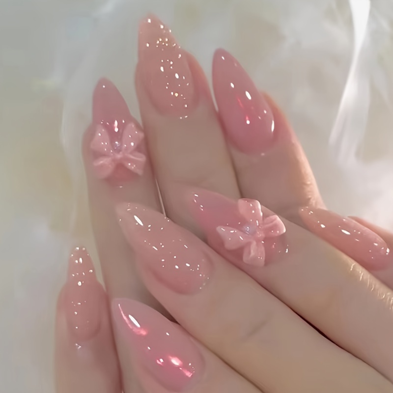 

24pcs Sweet Pink -shaped Press-on Nails Set With Detachable Bow - , Medium Length, Solid Color False Nails For Women And Girls