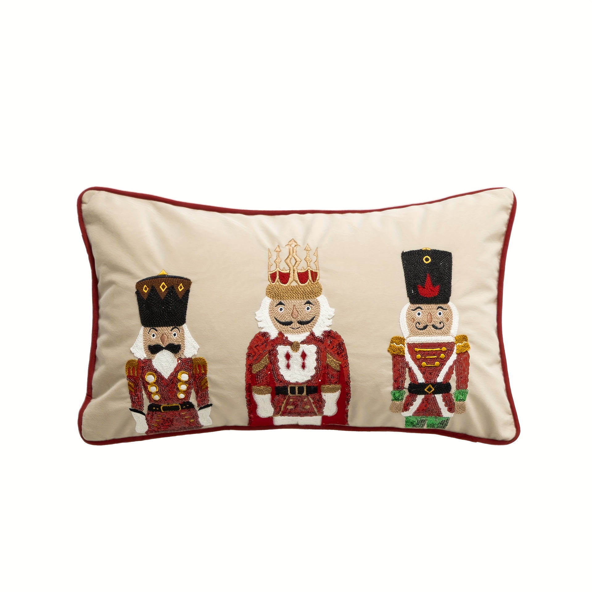 Image of Christmas Nutcracker Embroidered Throw Pillow Cover, 19.7x11.8 Inch, White Polyester, Zip Closure, Machine Washable For Living Room Sofa And Bed, Best For Christmas