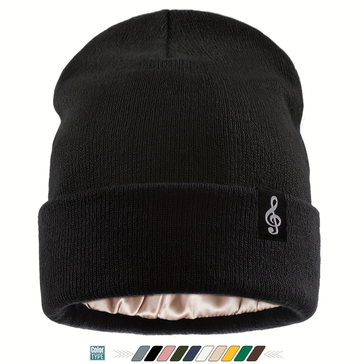 TEMU 1pc Stylish Winter Hat With Musical Note Embroidery Label, Satin Lined Beanie For Men And Women, Stretchy Brimless Hat, Lightweight And