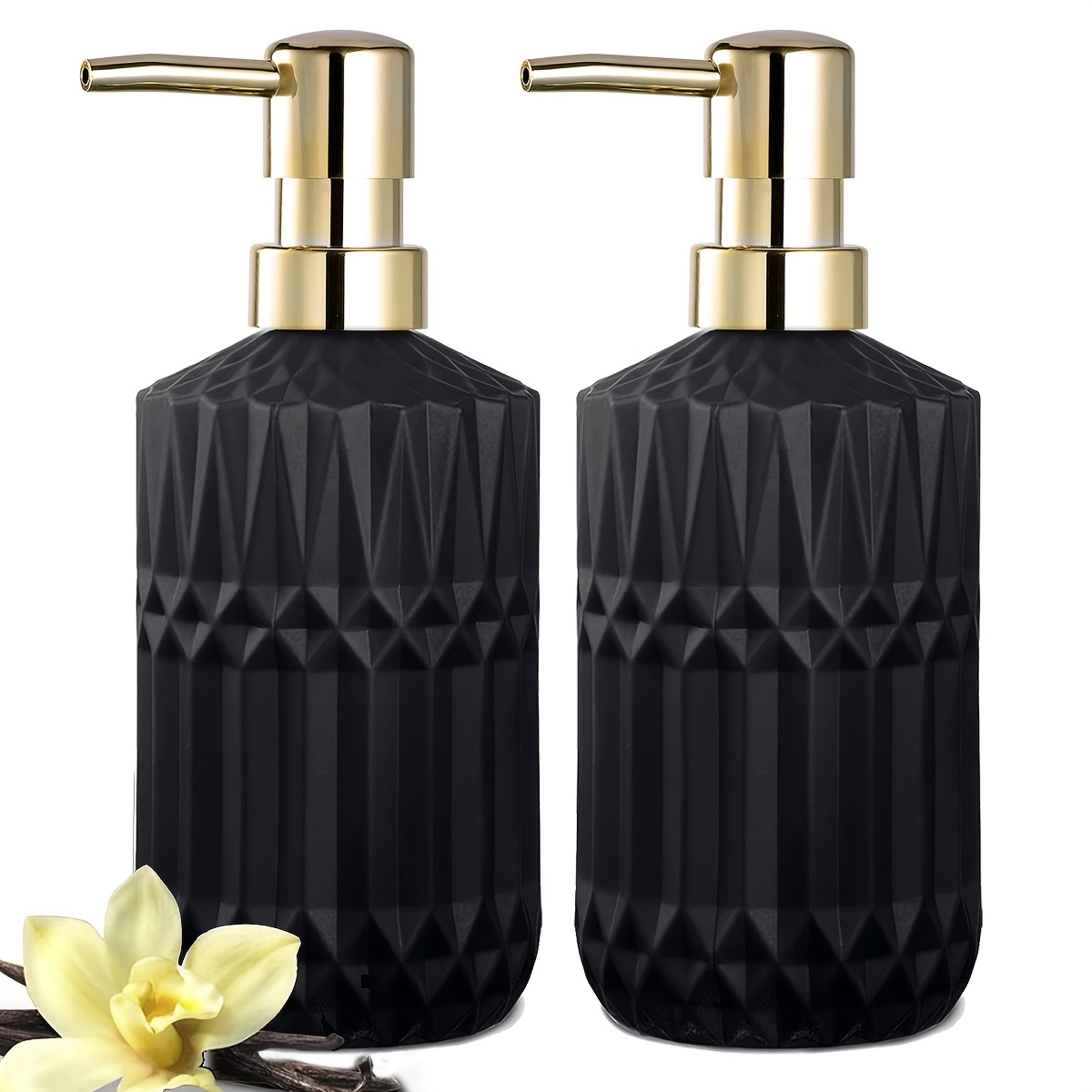 E-shop 2 Stück elegante schwarze geometrische Seifenbehälter mit goldenen Pumpen - 500 ml Fassungsvermögen, phthalatfreier Kunststoff, ideal für die
