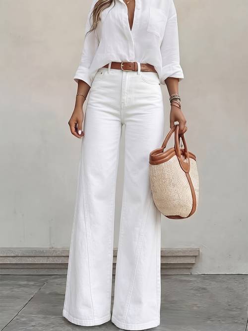 item picture 2026 summer womens wide leg pants womens casual elegant all match white washed wide leg jeans elastic fabric suitable for daily and casual