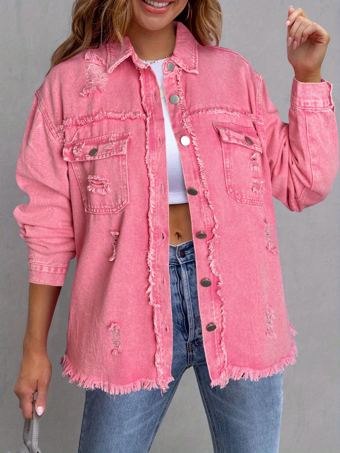 Women S Pink Denim Jacket with Frayed Hem & Distressed Details - Casual Streetwear Style, Button- , Flap Pockets, Long Sleeves, Non-Stretch Fabric,   Fall/Winter, Casual Outerwear | Frayed Hem Jacket |   Jacket
