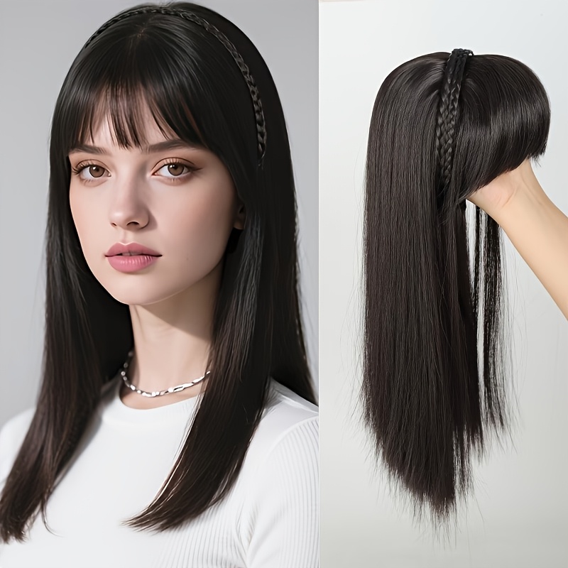 TEMU Women's Chunliazi Synthetic Straight Hair Wig With Top Headband & Bangs Suitable For , Look Braids, Volume Hairpiece For, Braided Wig For Daily
