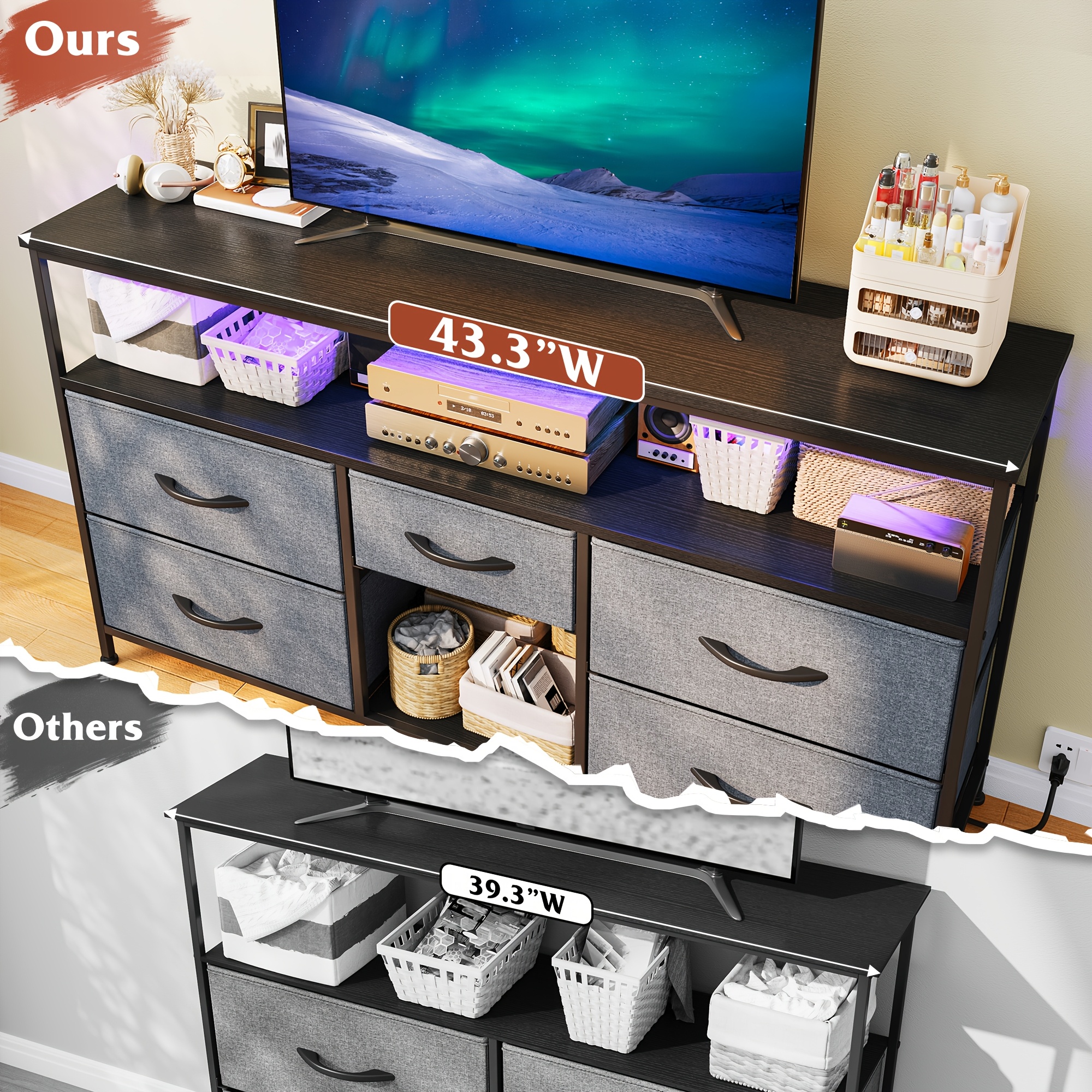 estante de   5 gavetas,   de entretenimento para tv de 50 polegadas, mesa de console de   com tomadas de energia e luzes led, armários de escritório, prateleira aberta,   detalhes 5