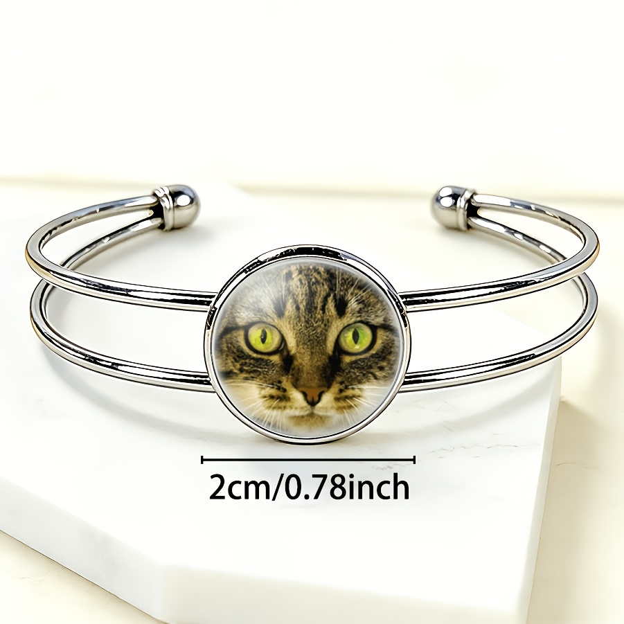 Adjustable Open Bangle with Cat Face Gemstone Inlay