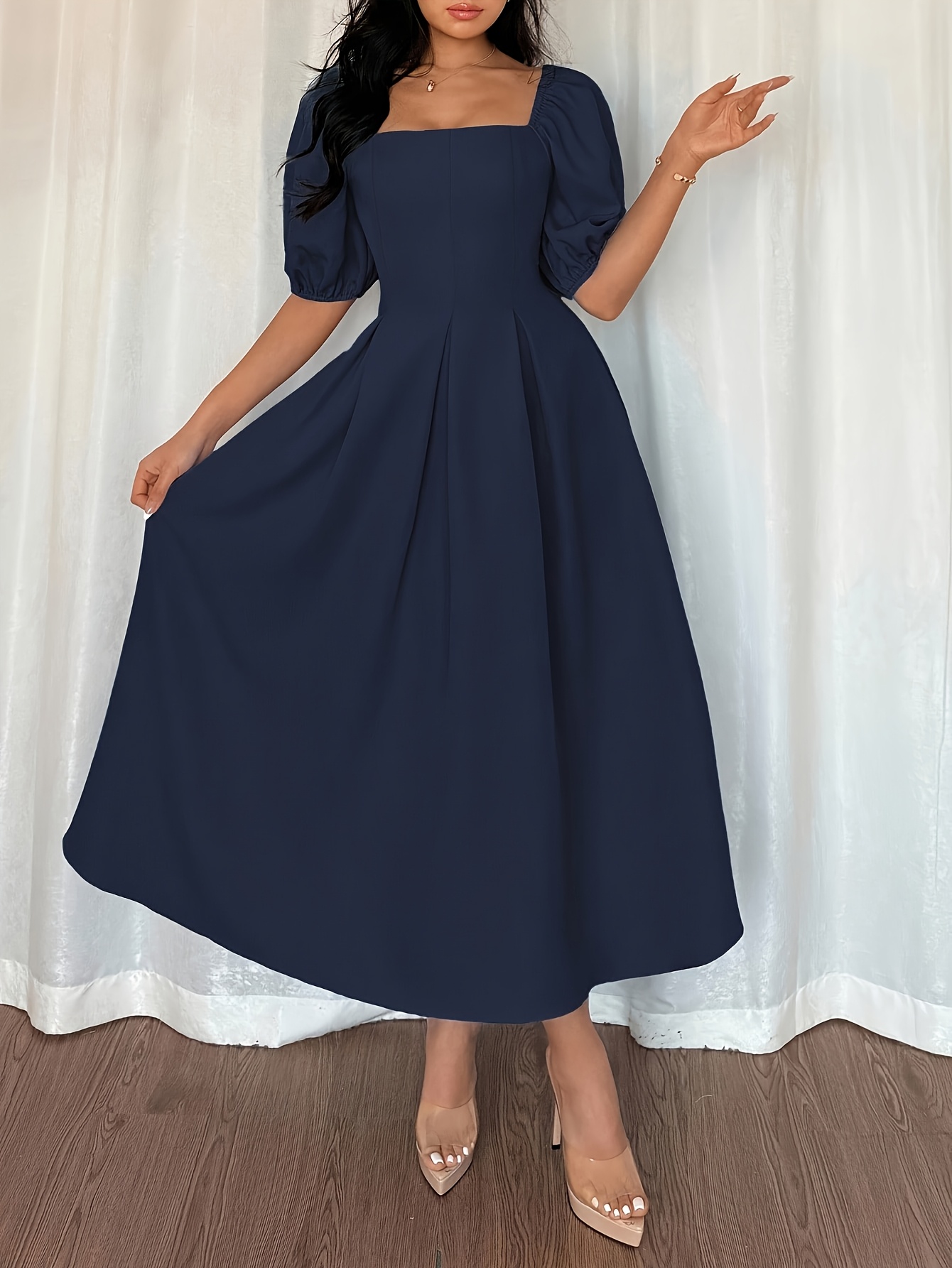 slim fit dress slacks Zapaka Women Grape Midi Wedding Guest Dress 3/4 Sleeve Bateau Neck A Line Semi-Formal Dress with Appliques, Grape / US16