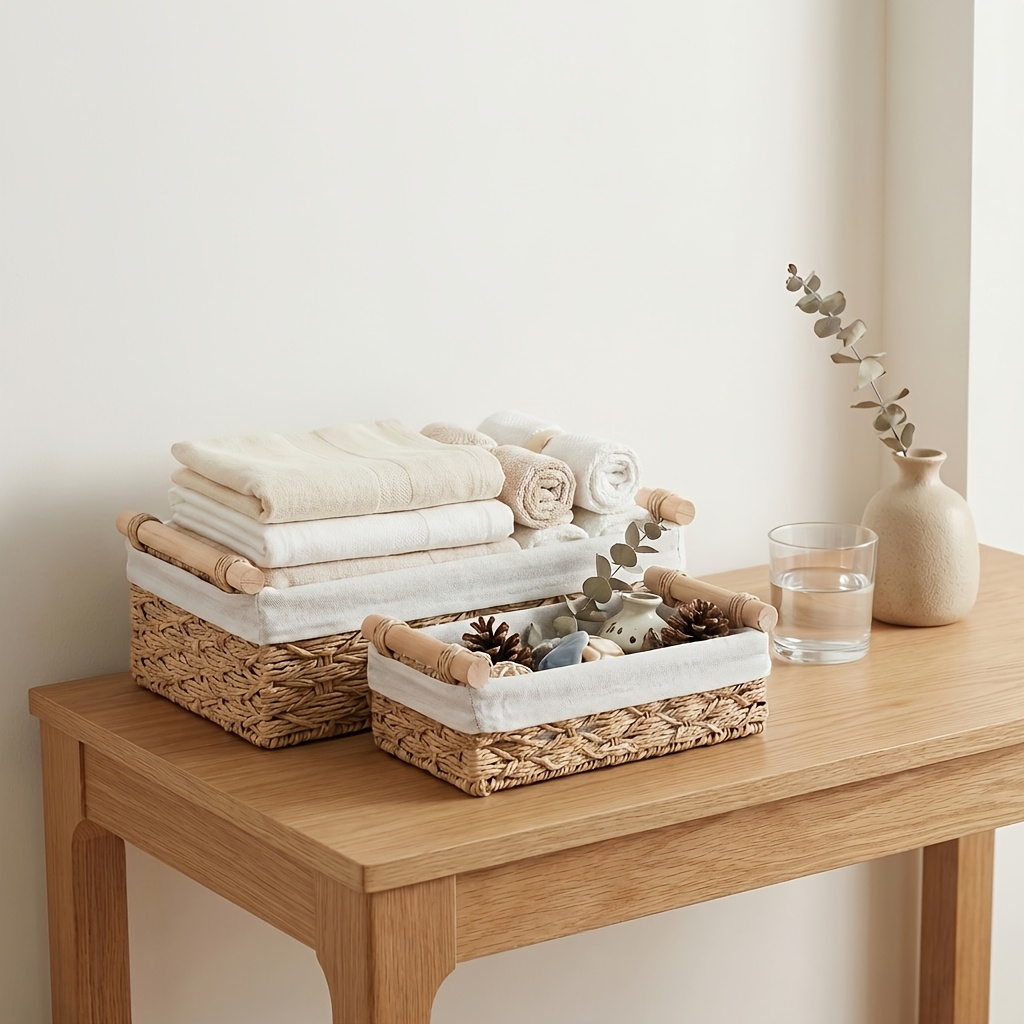 2pcs Handmade Paper Rope Woven Storage Basket with Wooden Handle - Portable Snack Organizer for Bathroom, Kitchen Shelf and Countertop, Decorative Basket for Home Storage and Organization, Shelf Baskets