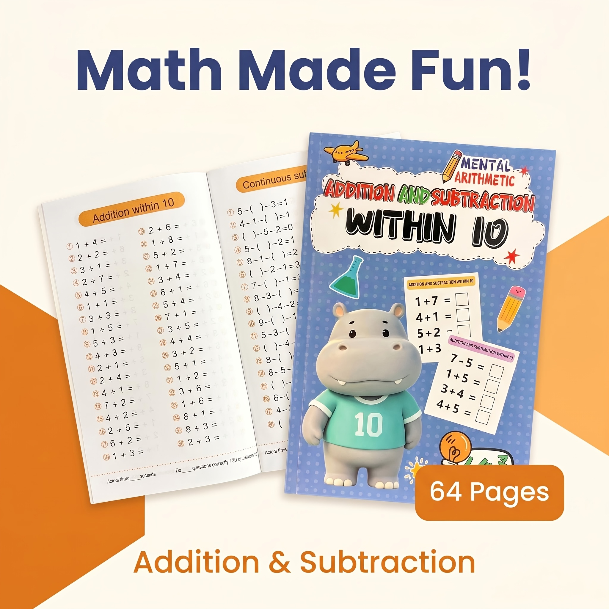 TEMU Fun Arithmetic Practice Workbook For Addition And Subtraction Up To 10, With 64 Pages Of Ample Exercises To Solidify Arithmetic Foundations.