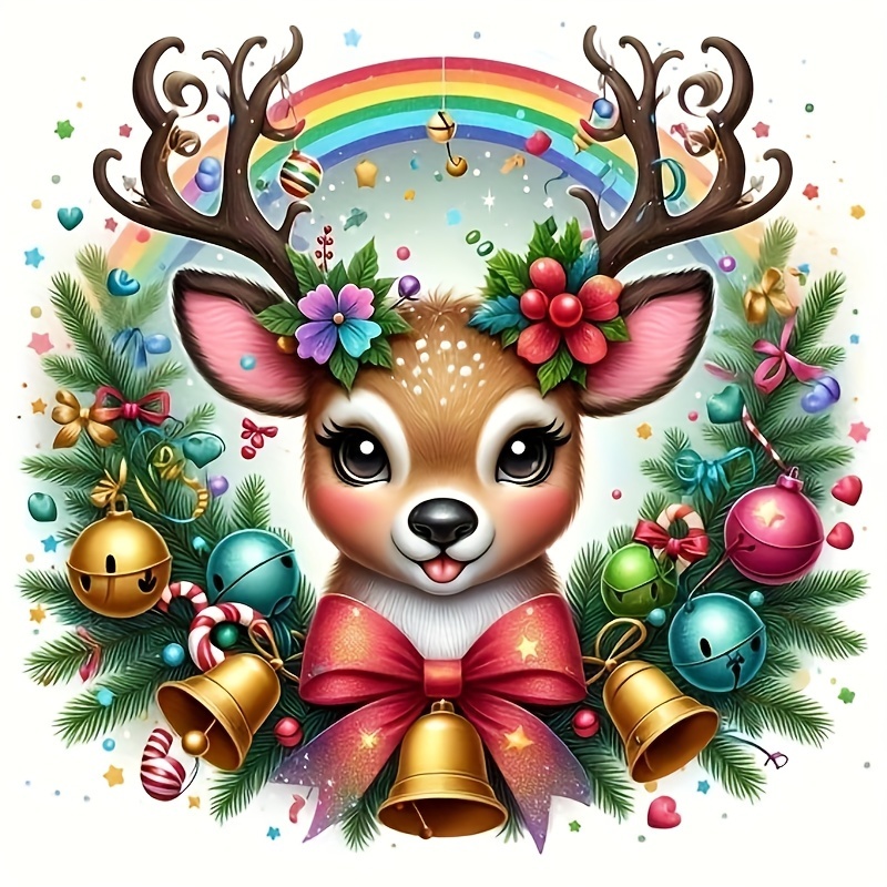 

5d Animal Diamond Painting Kit Round Acrylic Diy Craft, Embroidery Cross Stitch Arts, Home Wall Decor, Festive Reindeer With Ornaments Design - 20x20cm (1 Piece)