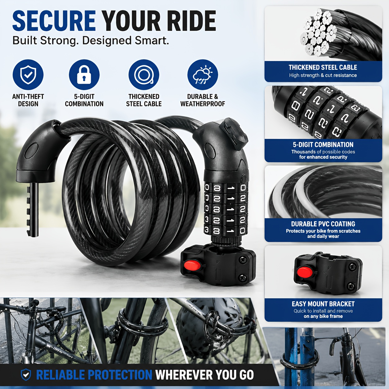 Image of 5-digit Password Bicycle Lock, 125cm Long, Anti-cutting Steel Cable Anti-theft Lock, With Lock Frame, Resettable Password, Suitable For Bicycles, Scooters, Motorcycles, Electric Vehicles