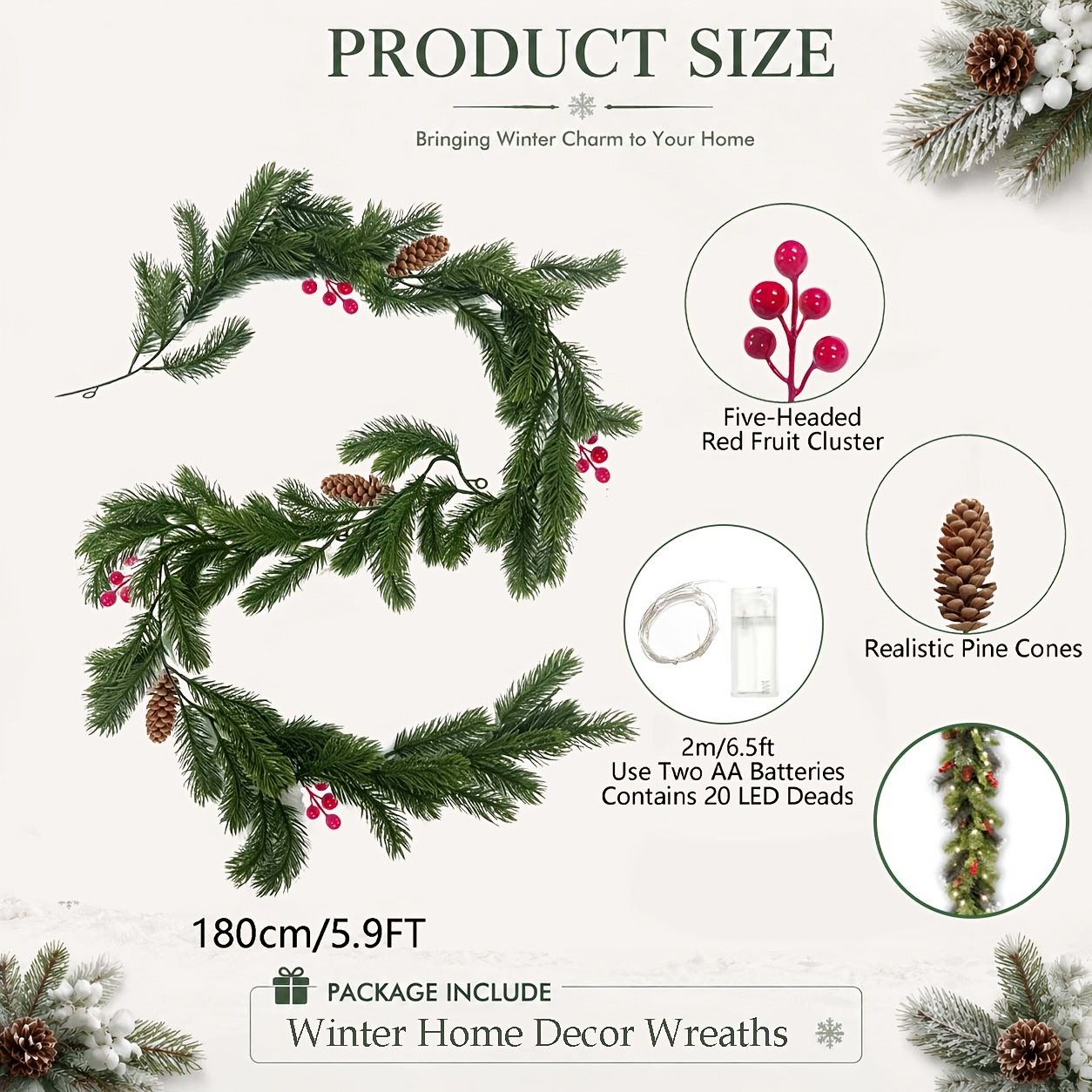 TEMU 5.9ft Pre-lit Crestwood Artificial Christmas Garland, Christmas Decoration With Glitter, Pinecones, Red Berries, 20 Clear Lights, 63 Tips, Green
