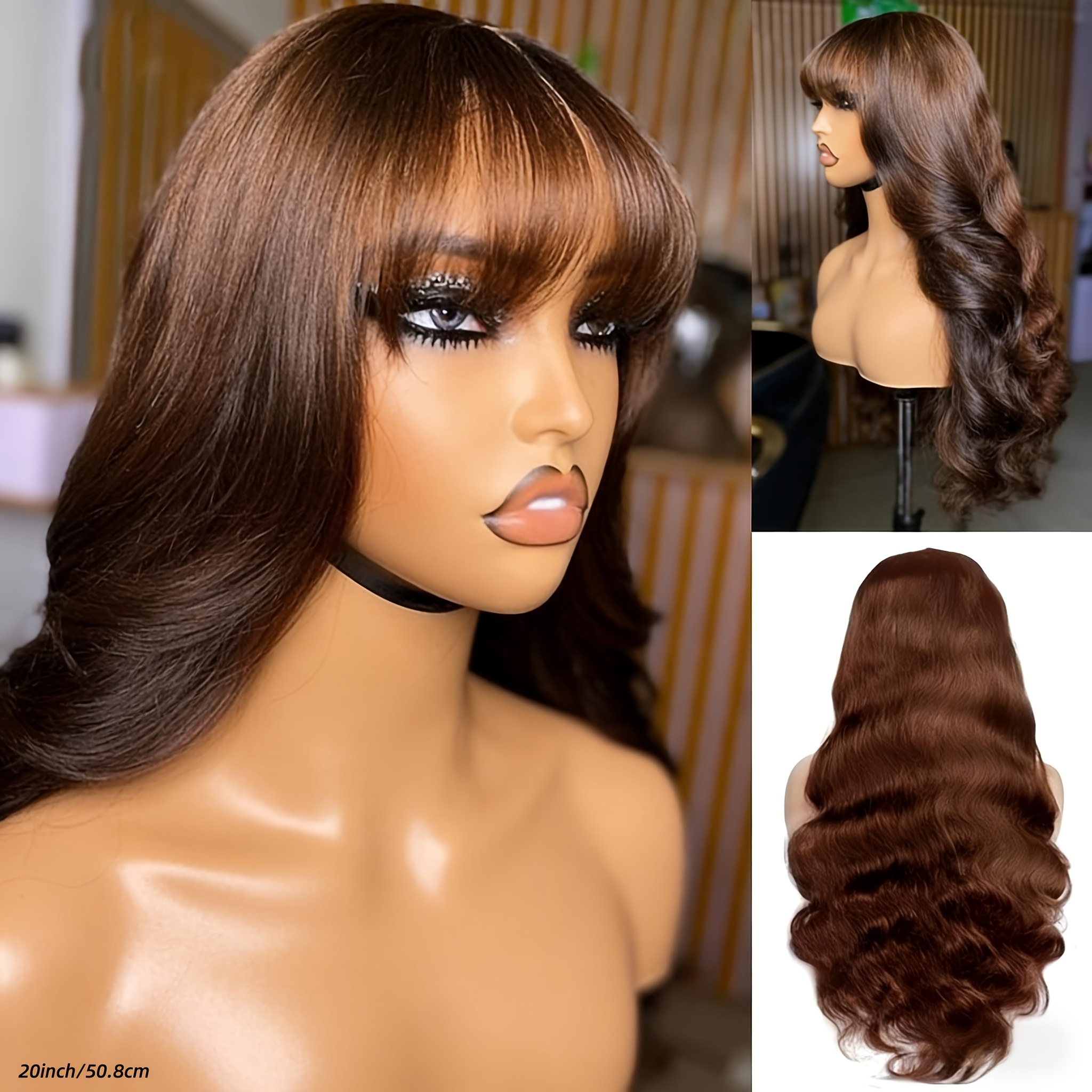 #4 Chocolate Brown Body Wave Human Hair Wigs Full Mechanism Wig With Bangs 200% Brazilian Wigs Human Hair Suitable For Women Glueless Body Wave Wig Comfortable And Natural