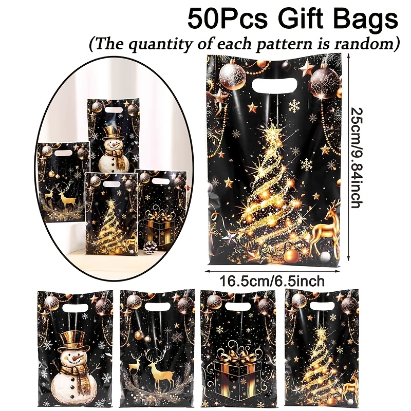 TEMU 10/20/50pcs Sacs Cadeaux de Noël Noirs et Dorés, Élégant de Neige Doré, Élan, Design d'Arbre de Noël, Sacs Fourre-Tout en Plastique avec