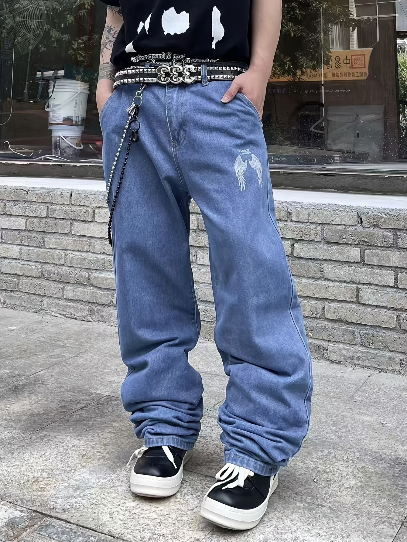 mens streetwear denim loose fit wide leg pants wing Temu United