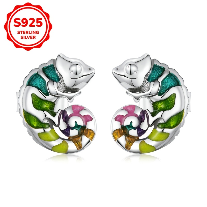 

Hot Selling Low Allergy S925 Silver Chameleon Earring Colorful Small Animal Fashion Earrings 1.9g/0.067oz