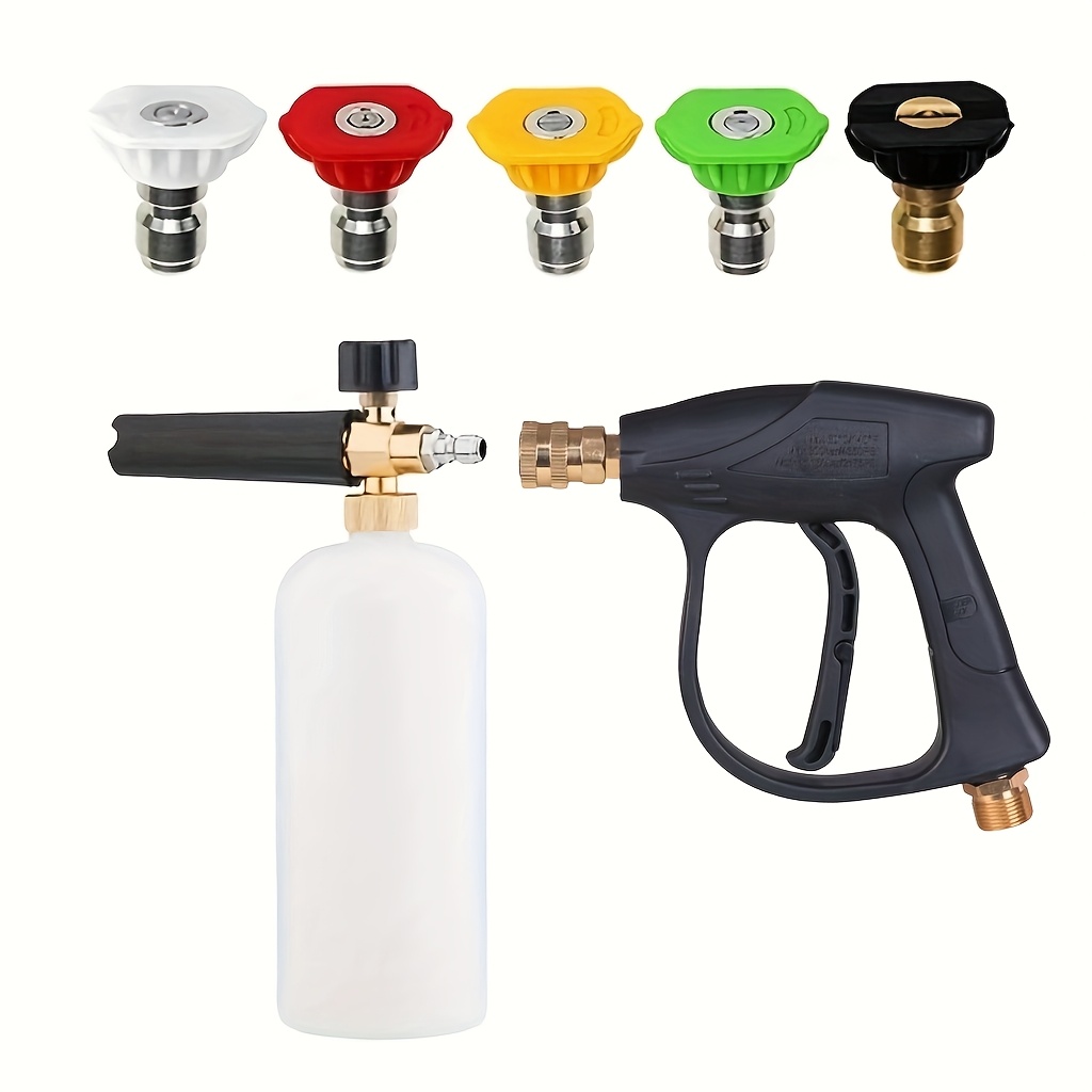 TEMU Car Wash Kit With High-pressure Water Gun, 5 Colored Nozzles, Foam Bottle, M22-14 Connector, Suitable For Washing Cars, Cleaning , And More, Without Battery
