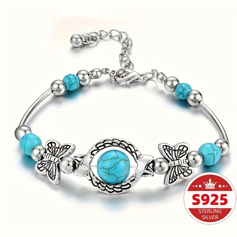 TEMU S925 Sterling Silver Bohemian Style Vintage Turquoise Carved Hollow Geometric Bracelet Adjustable Open Bracelet Couple Bracelet Best Gift Total