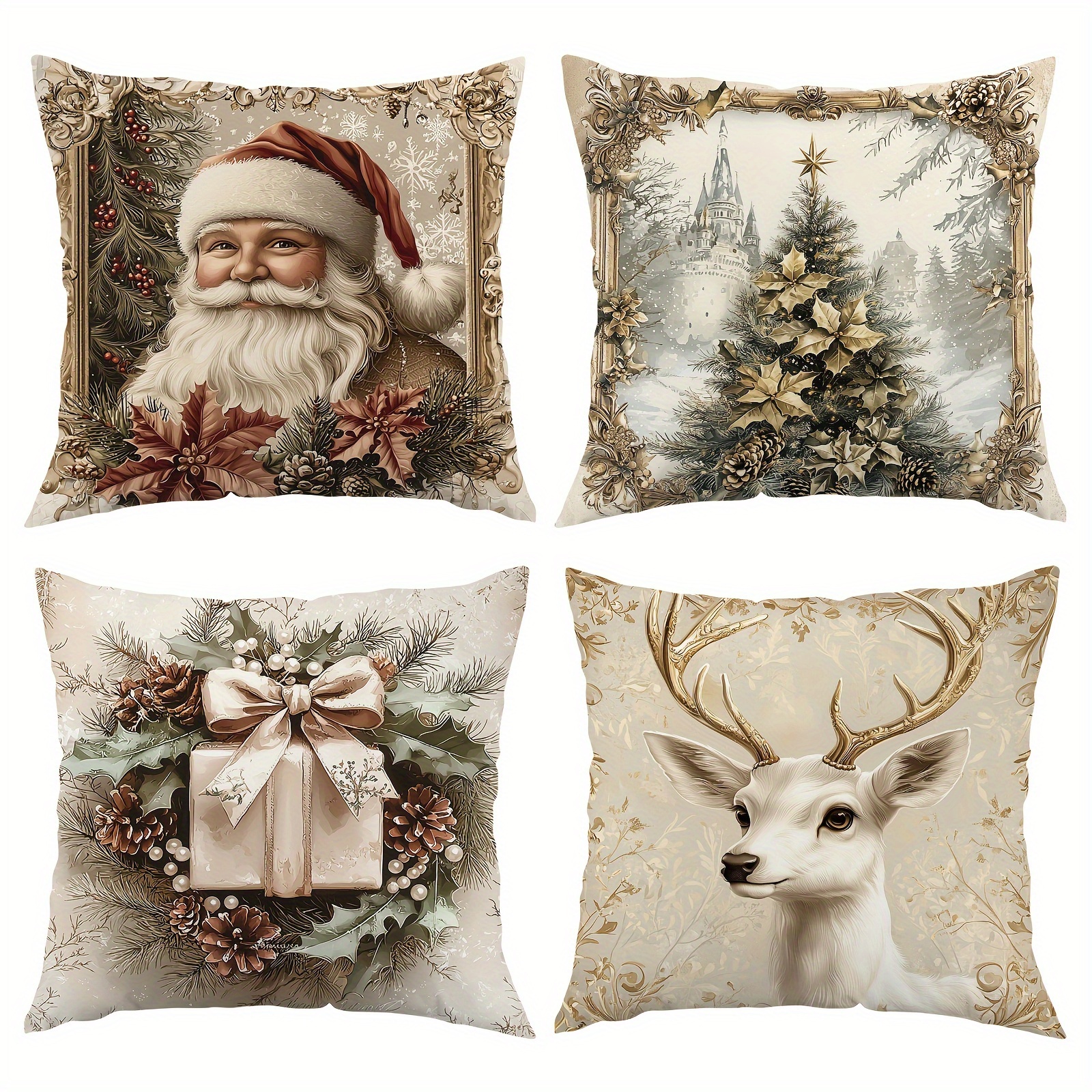 

4pcs Set Vintage Golden Santa & Reindeer Christmas Tree Plush Pillow Covers - Modern, Machine Washable With Zipper Closure For Sofa, Bedroom, And Outdoor Decor