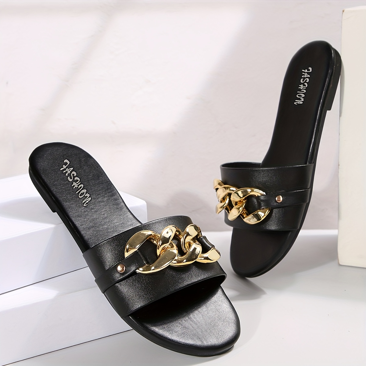 TEMU Women's Slippers With Chain Decorative Buckle, Flat Sole, Black, Comfortable, Plus Size, For Home And Outdoor Casual Wear, Round Toe, New Summer