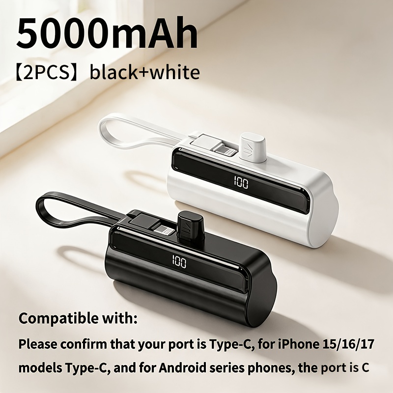 Image of -in Power Bank 2 Pack 5000mah, Pocket Portable Charger With Built-in Type-c Cable And Led Display, Travel & Outdoor Emergency Battery For All Usb-, Local Stock