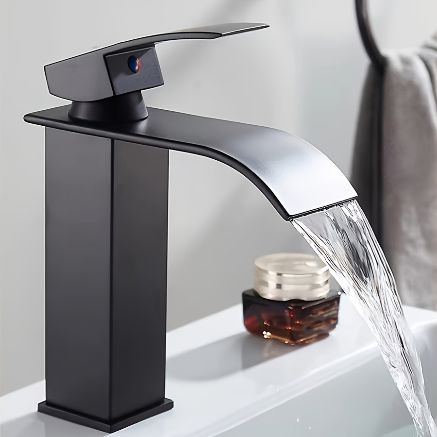 Image of 1 Stainless Steel Bathroom Faucet With Waterfall Spout For Washbasin, Single-hole Installation, Black Finish, Suitable For Home Use With Hot And Cold .