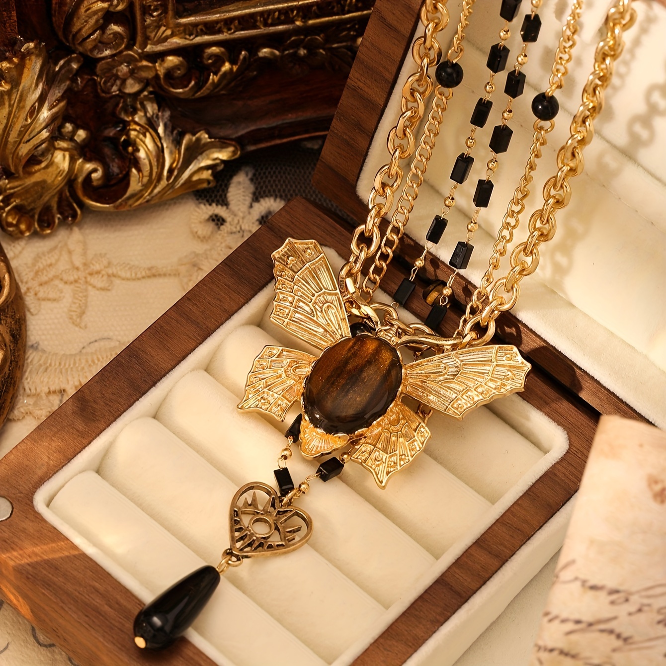 Vintage Gothic Style Butterfly Heart Pendant Necklace Brown