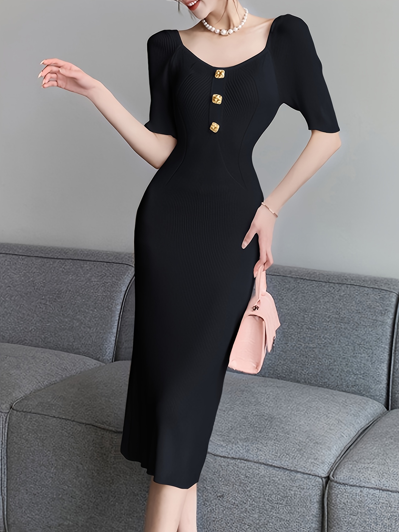 1pc elegant rayon viscose bodycon mini dress for women - solid color, boat  neck, long sleeve, spring/fall knit fabric with lettuce trim detail | Great  Deals | Temu