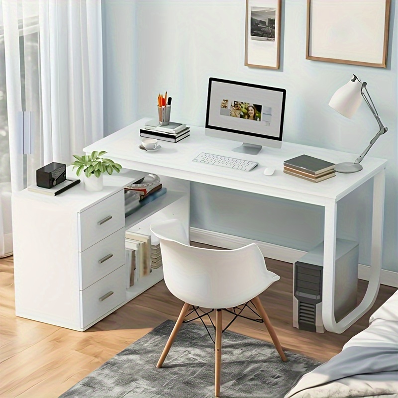 

Catrimown White L Shaped Desk With Storage Drawers, 55 Inch Reversible L Shaped Computer Desk With Monitor Stand And Storage Shelves, White