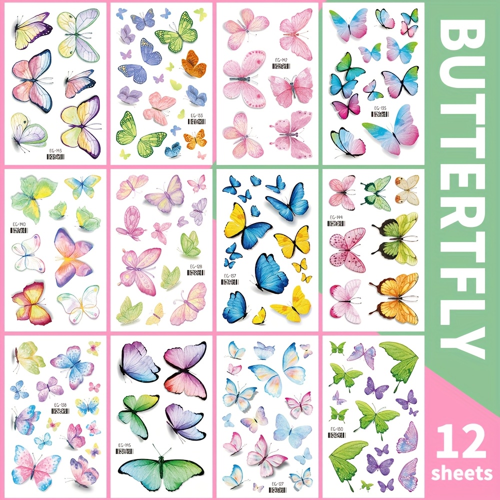 12 Sheets Of Shimmering Tattoo Stickers, Featuring Waterproof Colorful Sparkling Wings Oblong Shape, Suitable For Application On , , Shoulders, Wrists, Fingers