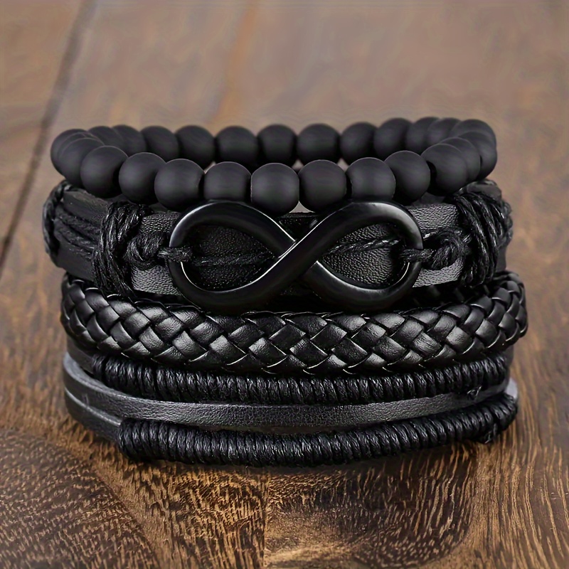 

4pcs/set Punk Hip Hop Handmade Braided Rope Pu Leather Infinite Loop Pendant Men Women Bracelets Bracelets Casual Holiday Party Accessories