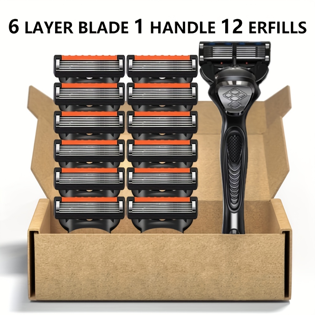 Image of Men's Manual Razor Set, 6-layer, 1-blade Holder, 12-, Reusable , Suitable For Men's Beard Grooming, Bringing Smooth Shaving Comfortable Experience, Easy To Operate And Clean Shaving
