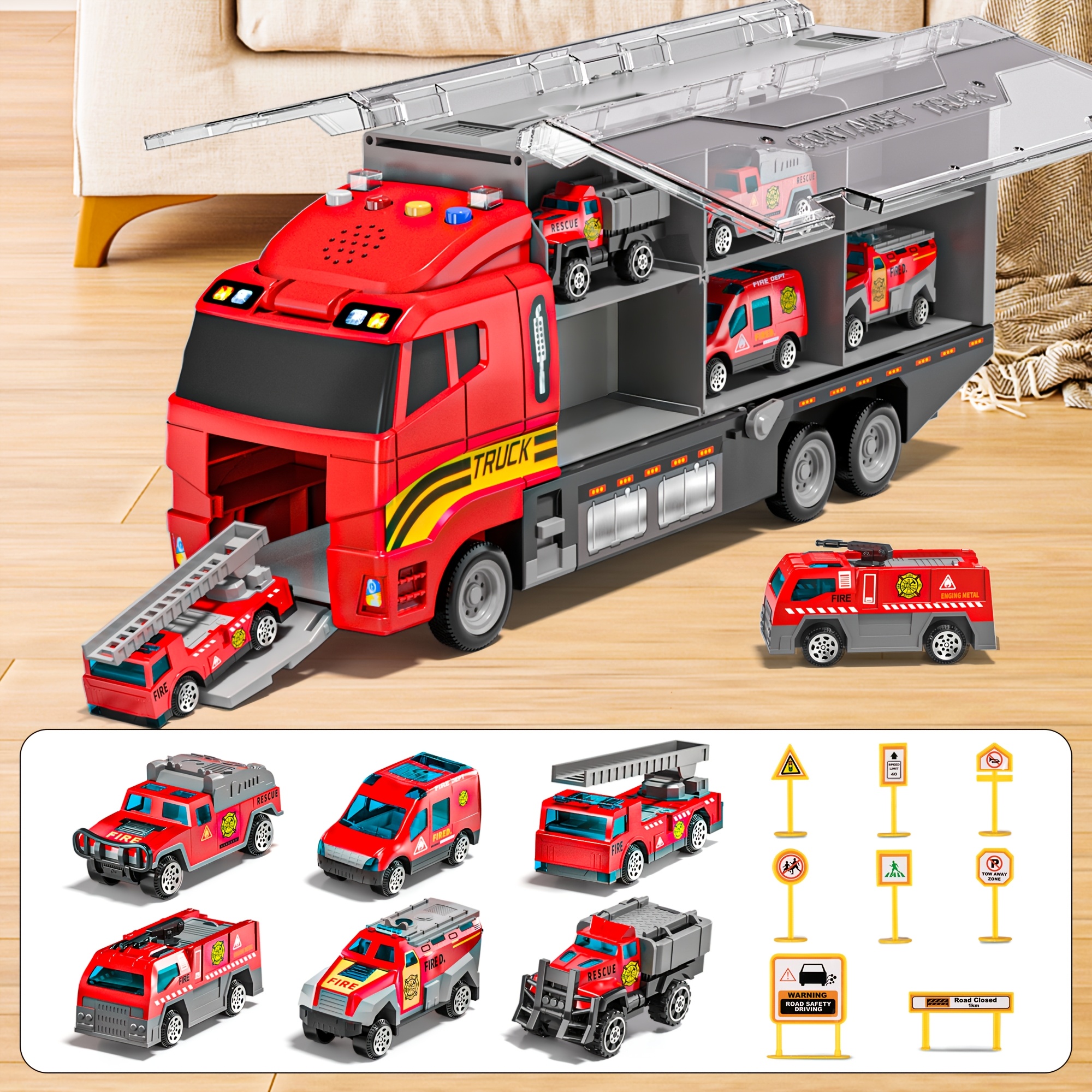 TEMU Ensemble de jouets camion de pompiers TEMI avec tapis de jeu, camion de transport pour enfants, ensemble de voitures jouets en métal moulé ,